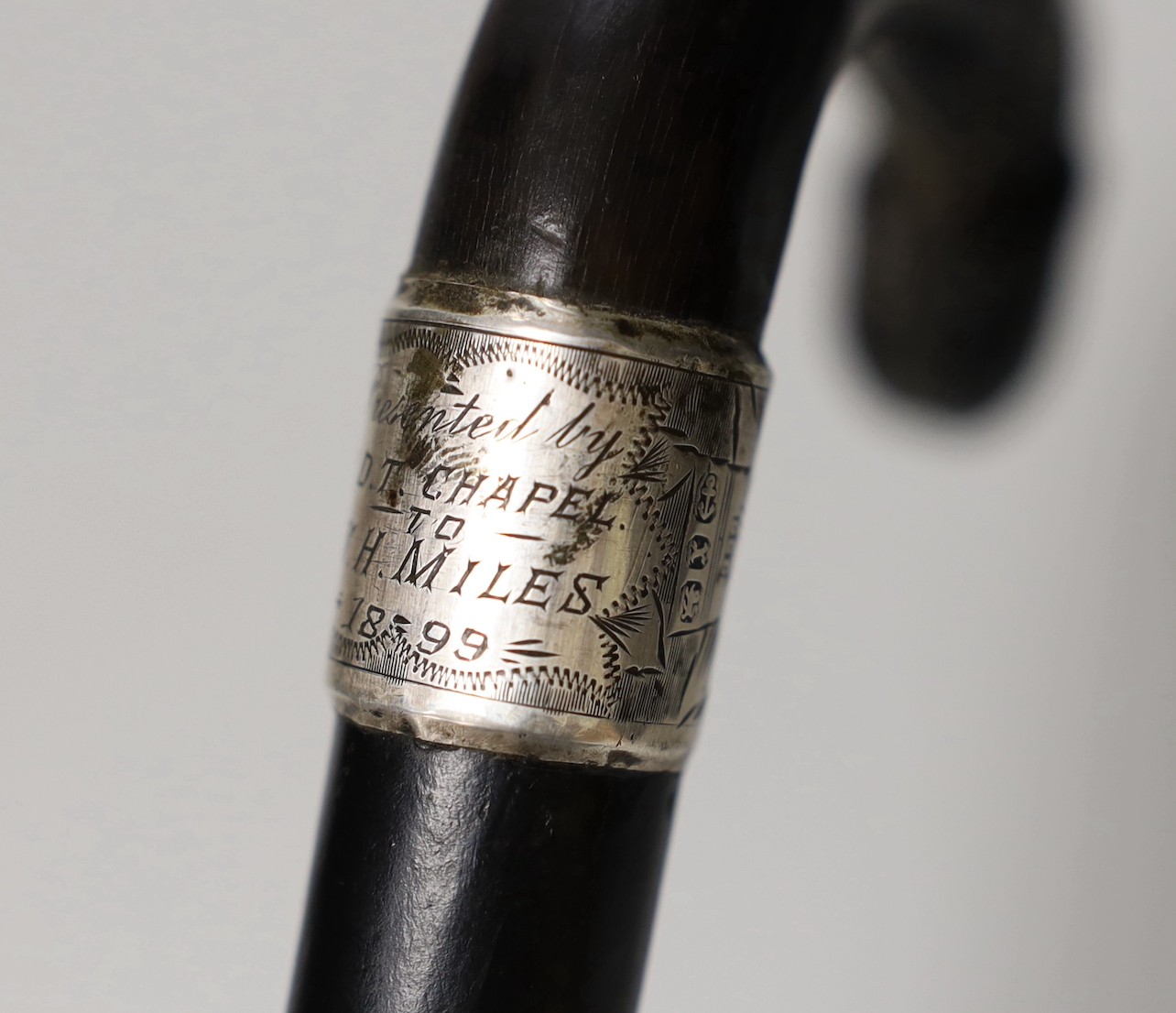 A silver mounted ebony cane with a phallic shaped handle, presented by N.D.T. Chapel to W.H. Miles, 1899. 82cm high